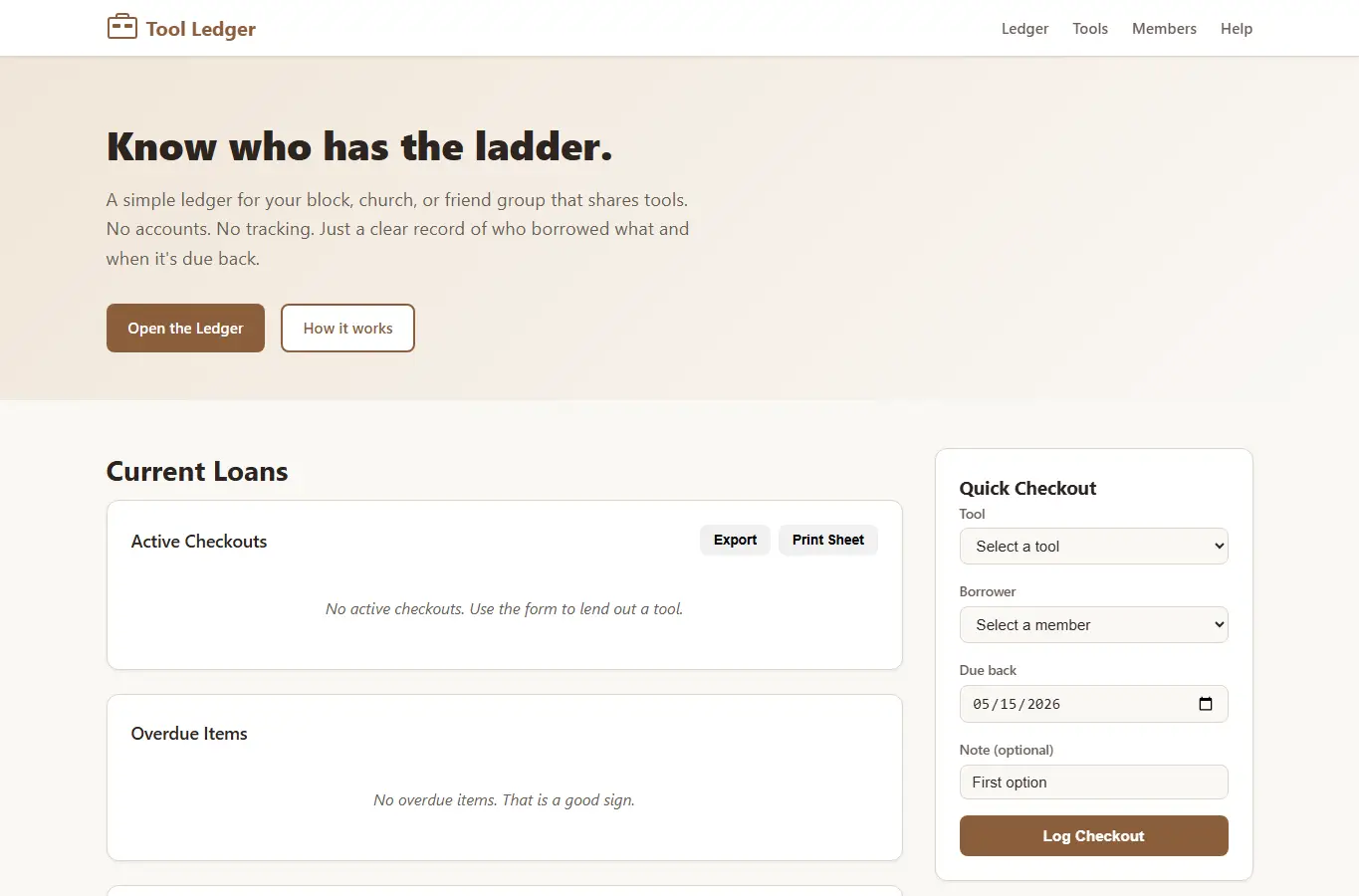 Screenshot of Shared Tool Library Ledger interface showing the project page in use